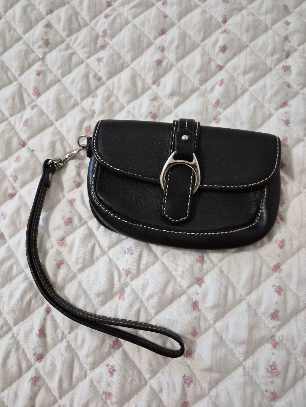 Dooney & Burke Vintage Black Leather Wristlet Clutch with Silver Buckle